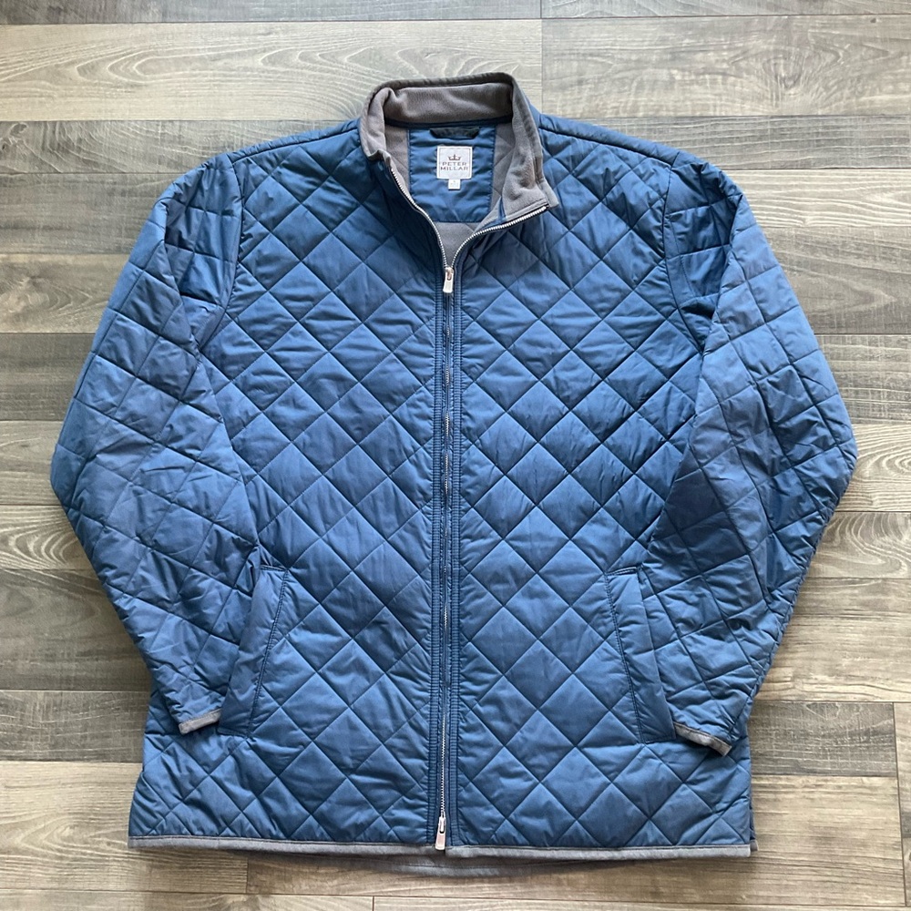 Peter Millar Crown Suffolk Quilted Coat Men’s LARGE Blue Fleece Lined Full Zip
